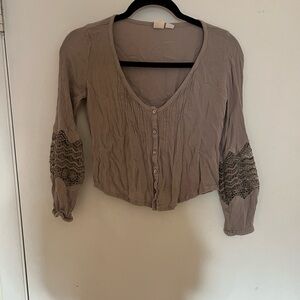Roxy Beige Button-Down Shirt with Lace Accents
